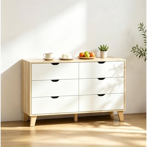 Cómoda con 6 cajones, 120 x 40 x 76 cm, blanco y roble, de aglomerado y pino (1/5)