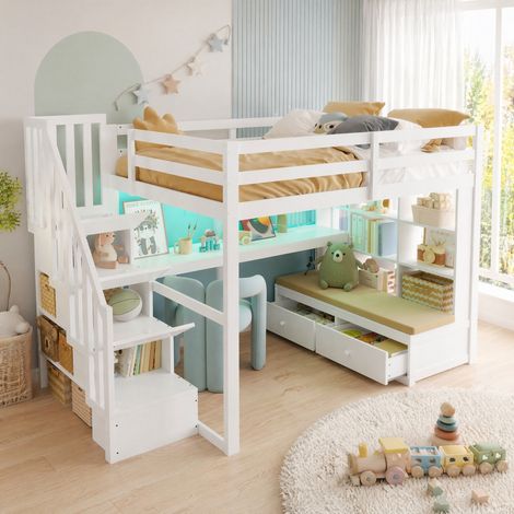 Lit mezzanine 140x200 cm en MDF blanc avec bureau, rangements, LED et 2 tiroirs (1/5)