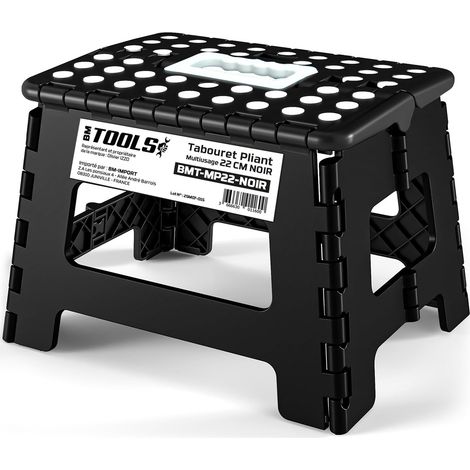 Tabouret Pliant Noir 22cm, Marchepied Pied Pliable BM TOOLS BMT-MP22-NOIR - 150kg Capacité, Léger et Compact pour Adulte/Enfant