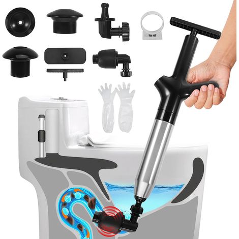 Déboucheur de toilettes, déboucheur de toilettes robuste et piston d'évier avec air haute pression, baromètre visuel et tête de débouchage à 360 ° pour salle de bain, cuisine, douche, drain de sol et (1/5)