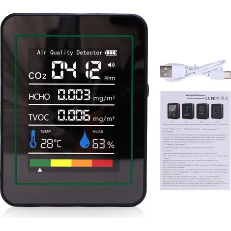 Misuratore HCHO 5 in 1, termometro e igrometro portatile con display a colori per casa, ufficio, veicolo, rilevamento di CO2 TVOC MT05 nero. (1/5)