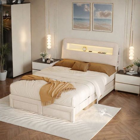 Cama doble 140x200 cm, Estructura de cama 140x200 cm, Cama para adultos con 2 cajones, Cabecero con estante de almacenamiento, USB y LED, Beige