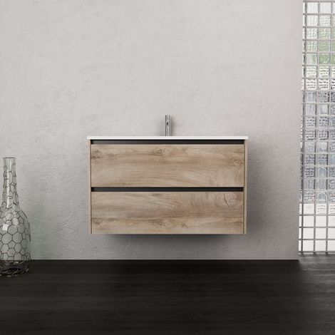 Inda - Badezimmerschrank 2 Schubladen B.100 mit mattiertem Waschbecken / Natureiche - Smeraldo