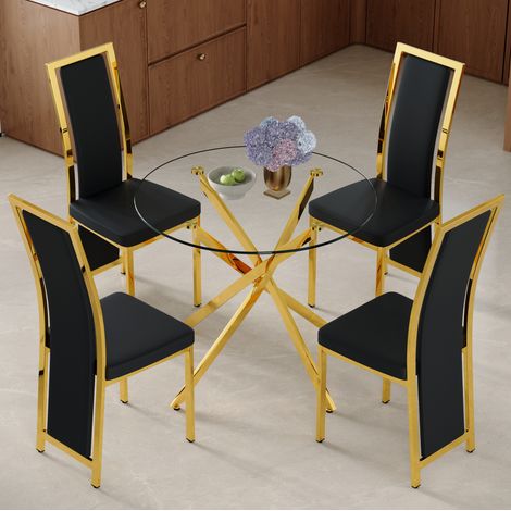REDOM conjunto de mesa de comedor redonda con 4 sillas (88x88x75 cm), vidrio templado, metal, PU negro y dorado (1/5)