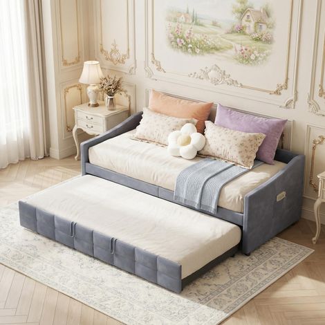 Cama nido 90x180/200 cm, sofá cama extensible acolchado con canapé de láminas de madera, diseño moderno, 2 plazas, terciopelo, Gris (1/5)