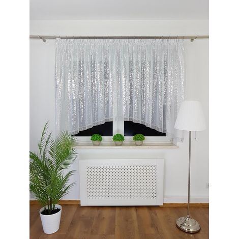 Voilage prêt à poser 400 x 150 cm - effet pluie argentée, strass, nœud, fronces, blanc (1/5)