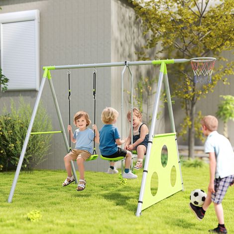 Portique balancoire enfant 4 en 1 avec sièges et face à panier de basket-ball et but de football charge 135 kg