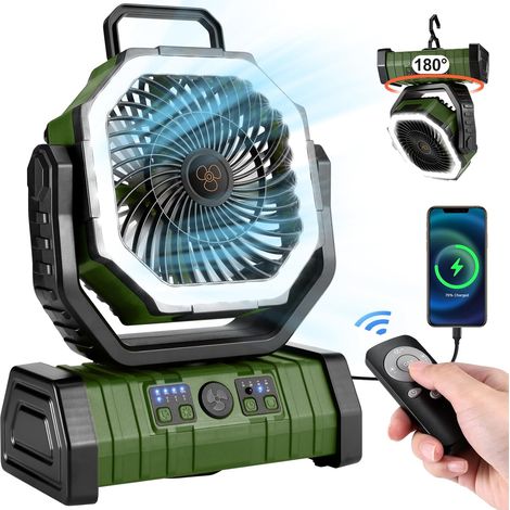 Camping fan with LED light, battery powered, remote control and hook included, portable tent fan, 4 fan speeds (1/5)