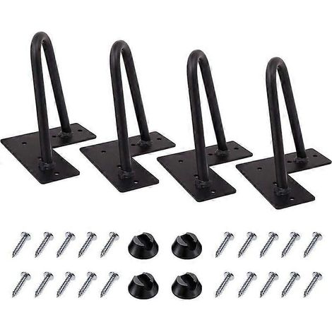 Pieds de meubles en métal, pieds de 10 cm à monter soi-même avec pince à cheveux, adaptés aux armoires et aux tables, avec vis et protections pour les pieds. (1/4)