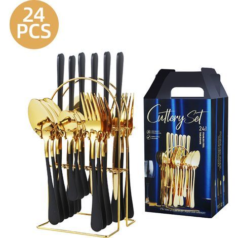 24-teiliges Edelstahl-Besteckset mit Ständer, hochglanzpoliert, für 6 Personen, spülmaschinenfest, schwarz und gold (1/5)