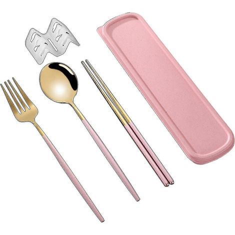 Ensemble de couverts coréen style anti-poussière en acier inoxydable (baguettes, fourchette, cuillère) pour un usage quotidien Kaesi Kb-3pcs-Pink Gold (1/5)