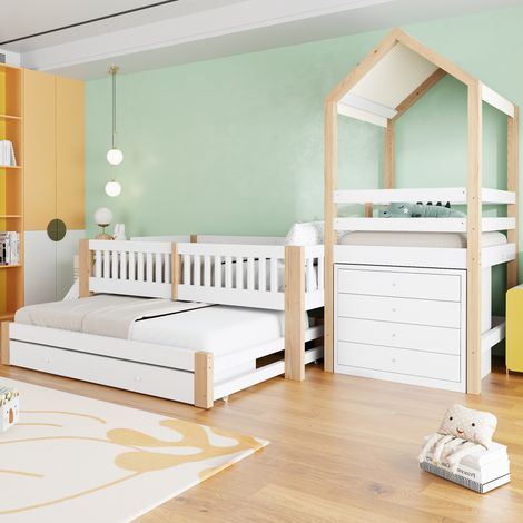 Cama infantil 307x95x173.7 cm con cama extraíble, escalera lateral, cajones, madera maciza, blanco y natural (1/5)