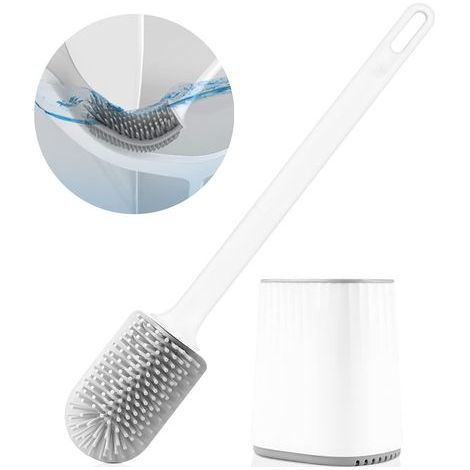 Scopa per WC, Scopa per WC in silicone con testina multifunzionale 3 in 1 e supporto ad asciugatura rapida, Scopa per WC a parete per bagno (bianca). (1/5)