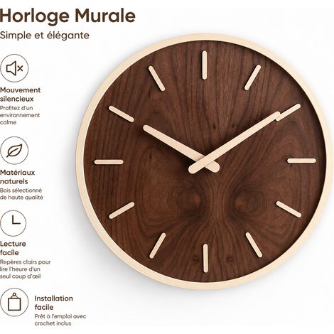 Horloge murale ronde 12 pouces cadre bois naturel modèle D 12 1 kg – Livraison gratuite