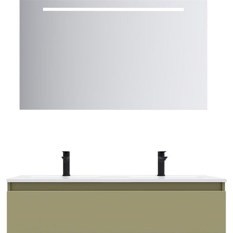 Meuble de salle de bain suspendu double vasque intégrée 120cm 1 tiroir Vert olive + miroir - Hudson (1/5)