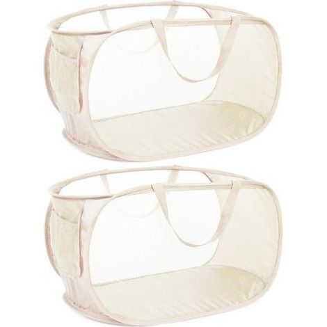 Panier à linge pliable en maille résistante, avec poches latérales et poignées renforcées, idéal pour la lessive, la salle de bain, les chambres d'étudiant ou les voyages. Lot de 2, beige. (1/4)