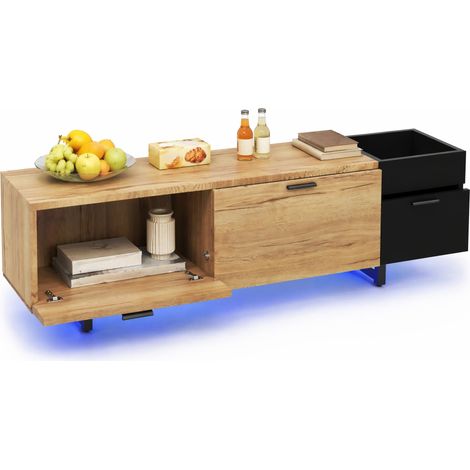 Meuble TV avec LED, 2 tiroirs, 180 cm, design suspendu noir et bois, rangements ouverts et fermés, style moderne pour salon – CHICFURN (1/5)