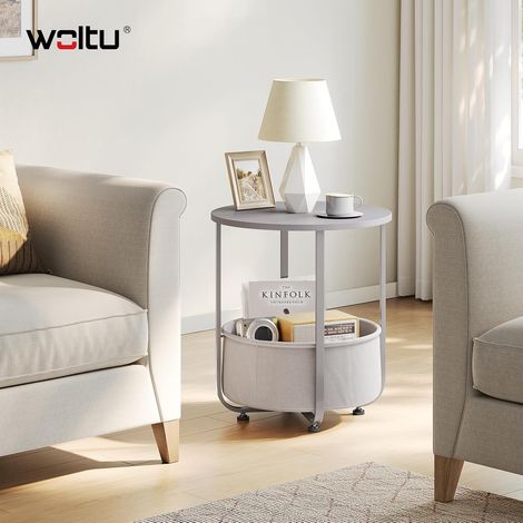 WOLTU Tavolino da caffe Rotondo in Tela Comodino camera, Tavolino da Salotto Tavolino Divano Tavolino Basso Soggiorno Struttura in Metallo, Grigio (1/5)