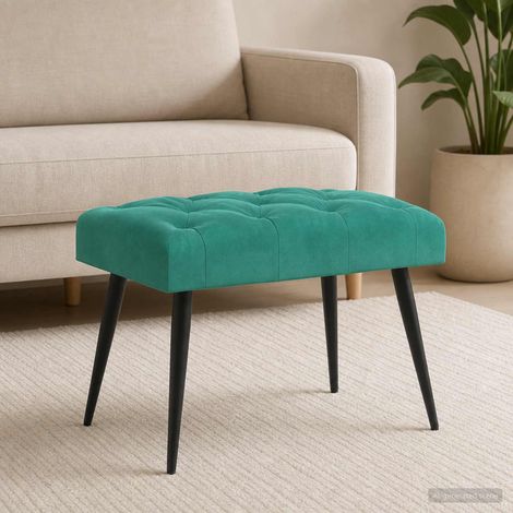 Banc capitonné à boutons en velours turquoise 60 x 40 x 45 cm - PANGIVO (1/5)