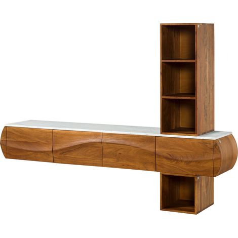 Parete attrezzata in legno di acacia 204x40x145 laccato naturale / marmo bianco MONTREAL