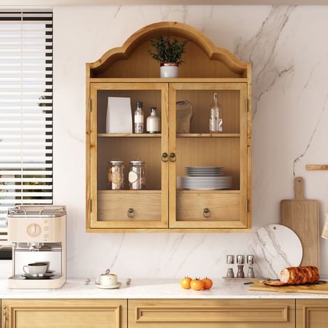 Armario de pared 60x22x76,5 cm de madera y vidrio natural con cajones, para cocina – MEUBLIV (1/5)