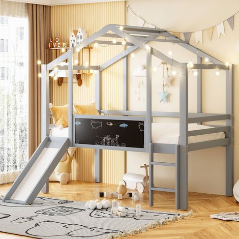 Lit cabane enfant 90x200cm avec échelle, toboggan et tableau à dessin, lit mezzanine multifonction en bois massif gris (1/5)