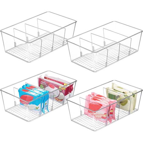 Lot de 4 bacs de rangement en plastique transparent pour l'organisation et le rangement du garde-manger, de la cuisine, du réfrigérateur, de l'armoire, 4 compartiments pour ranger les (1/4)