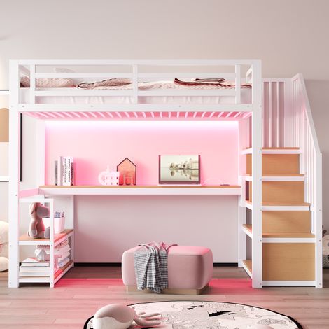Lit mezzanine 90x200cm - lit enfant avec rangement et escalier, bureau, cadre de lit en métal et 2 étagère panneau, blanc (1/5)