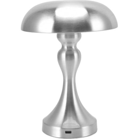 Lampe de table rechargeable en forme de champignon, 3 vitesses de température de couleur, veilleuse tactile à intensité variable, couleur argent.