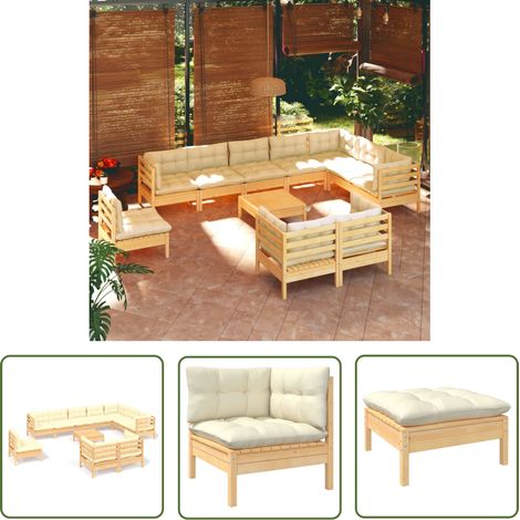 INLIFE Salon de jardin 11 pcs avec coussins crème Bois de pin solide (1/5)