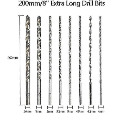Punte extra lunghe di 200 mm, confezione da 8, punte in acciaio HSS, diametro gambo dritto 4 mm 4.2 mm (1/2)