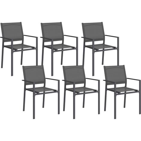 Idmarket – Lot de 6 chaises de jardin empilables en métal et textilène gris anthracite – Accoudoirs confortables – Dimensions 54x55x86cm