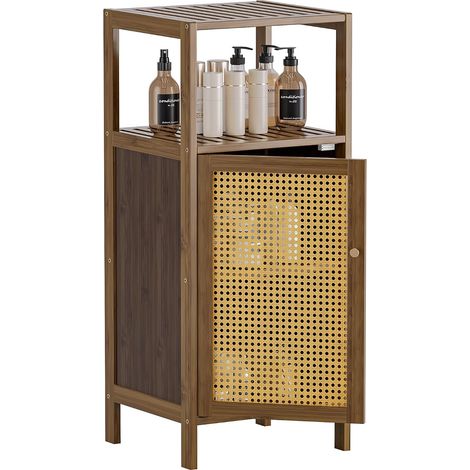Armoire en Bambou, Meuble de Rangement Salle de Bain avec Portes en rotin, Armoire sur Pied en Bambou, Organisateur latéral étroit autoportant pour Salon, Cuisine, entrée, Noyer (1/5)