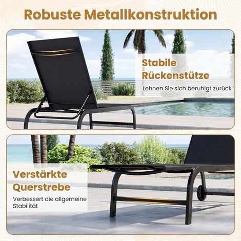 Lot de 2 chaises longues noires en textile respirant avec roulettes et dossier réglable 180 pour terrasse, jardin et piscine (1/5)