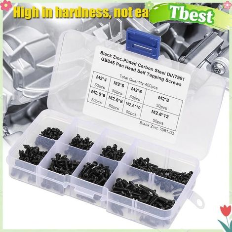 Tbest vis taraudeuse Kit de 400 Vis Autotaraudeuses à Tête Cruciforme M2/M2.6 en Acier Inoxydable, avec Boîte de outillage pointe (1/5)