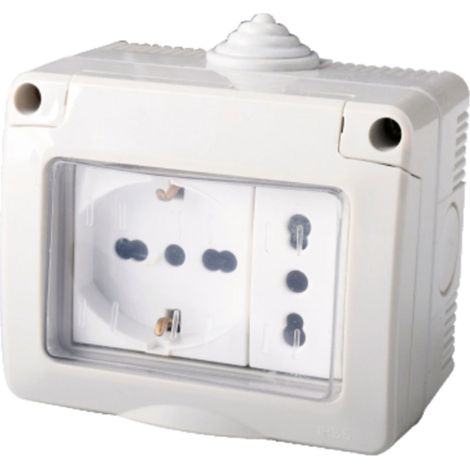 Kit Contenitore Cassetta Elettrica Esterna 1 Presa Schuko Universale +1 Presa Bipasso Con Coperchio Stagno IP55, Montaggio Da Parete Esterno,Omologato IMQ