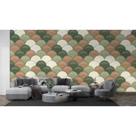 Papier peint rétro - écailles géométriques vert et blanc - 150 x 250 cm (1/2)