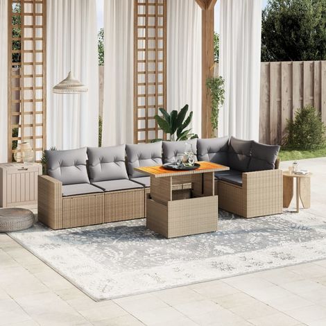 Canapé de jardin 7 pièces en résine tressée beige avec coussins gris – Table réglable 100x55 cm, modulaire et UV résistant (1/3)