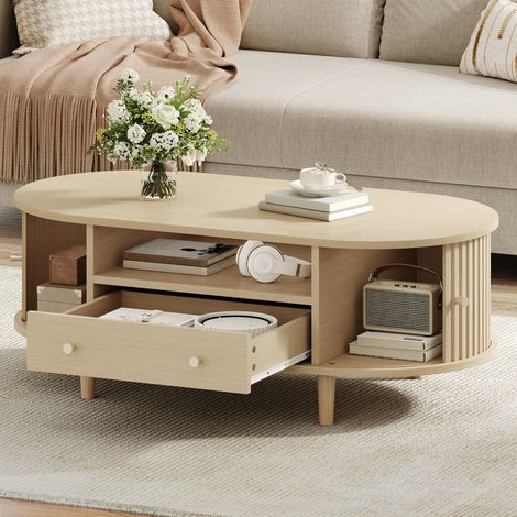 Tavolino ovale in MDF 100 x 50 x 36 cm, effetto legno, con cassetto e vano aperto (1/5)