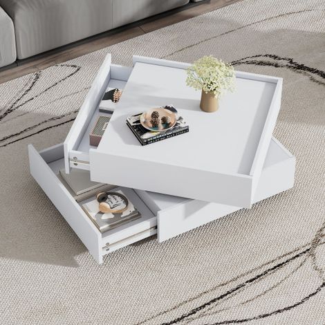 Mesa de centro cuadrada blanca, giratoria 360°, con tablero giratorio de 2 niveles y unidad de almacenamiento, 60x60x38 cm (1/5)