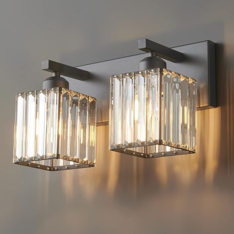 Lampada da parete moderna per bagno con 2 luci in cristallo nero - 32 cm - design minimalista - Adatta per specchio da bagno (1/5)