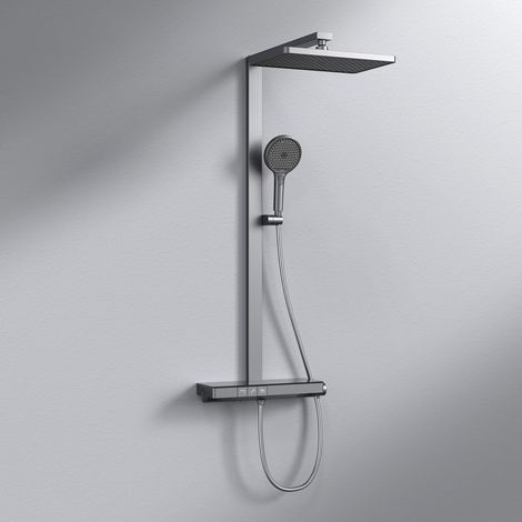 EMKE Colonne de douche avec étagère en verre de 40 cm, douchette à main 4 modes, douche de tête effet pluie, bec verseur, Anthracite mat (1/5)