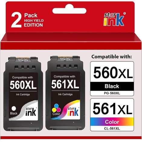 Lot de 2 Cartouches d'encre Compatibles Canon 560 561 XL (1 Noir, 1 Couleur) pour Pixma TS5350 TS5351 TS5352 TS5353 TS7450 TS7451 TS5350i TS5350a TS7450 TS5351i (1/5)