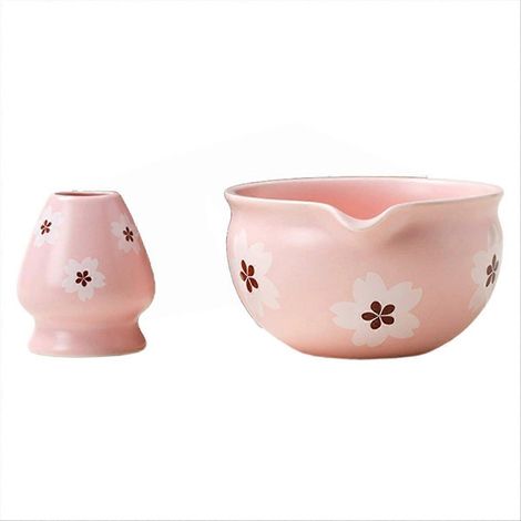 Ensemble de 2 bols à matcha japonais traditionnels et porte-fouet, idéal pour la cérémonie du thé ou comme cadeau. Fleurs blanches. (1/5)