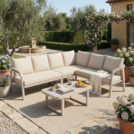 Set 2-teilig Ecksofa und Couchtisch fur bis zu 6 Personen, Geflochtene Armlehnen, Stahl und Polyester Beige