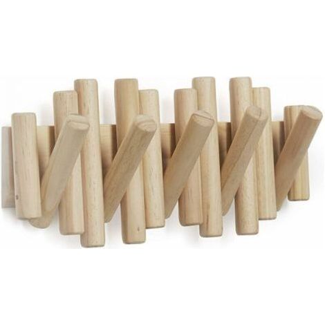 Wall-mounted coat rack with 5 hooks, made of natural wood, 37.1 x 16.5 x 4.4 cm (1/5)