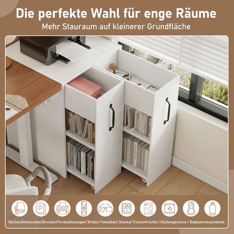 Petite bibliothèque sur roulettes 52x50x75cm, avec étagères et tiroirs, configuration réversible gauche/droite, élément unique entièrement extractible, sécurisé anti-chute, table de chevet. (1/5)