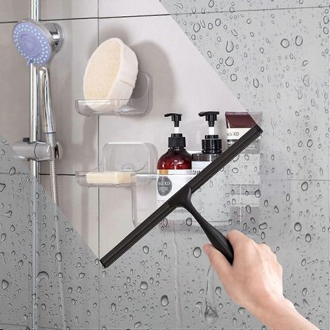 Raclette de douche en acier inoxydable avec ventouse puissante pour salle de bain, cuisine, miroir, voiture, fenêtre et verre, 25 cm, noire. (1/5)