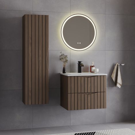 Waschtisch und Hängesäule 60cm Siena mit 2 Schubladen, Holzoptik und Schwarz
