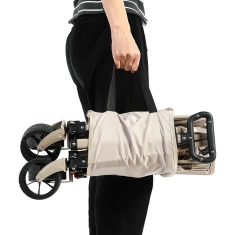 Chariot de jardin pliant tout-terrain beige, robuste avec poignée réglable, utilitaire extérieur pour camping, courses, pêche et sports
